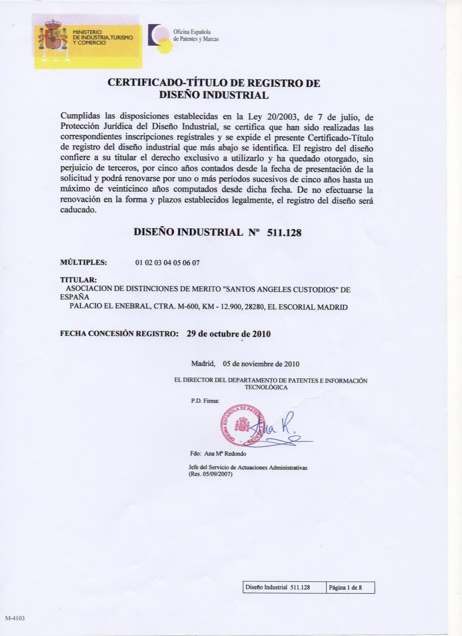 Portada del certificado de registro de diseño industrial nº 511.128