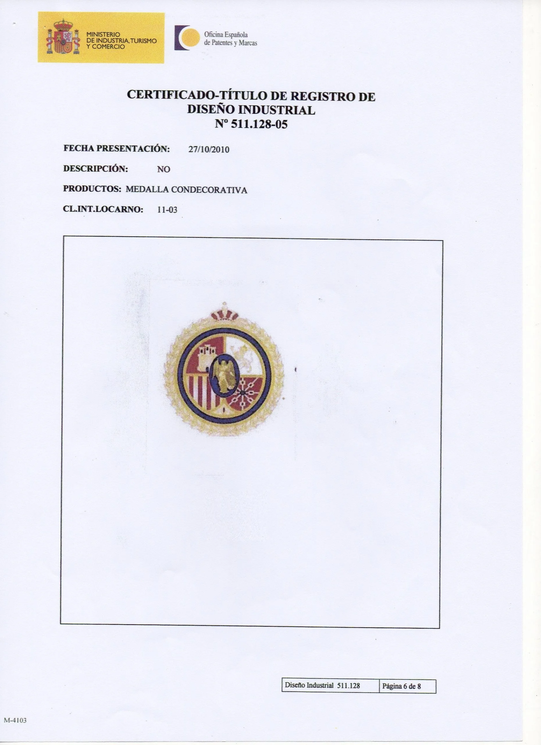 Certificado de registro del diseño de la miniatura